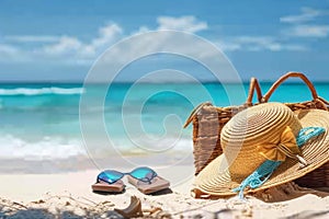 Straw hat, bag, sun glasses and flip flops on a tropical beach.