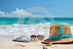 Straw hat, bag, sun glasses and flip flops on a tropical beach.