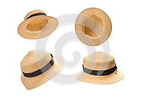 Straw hat with black bow isolated on white