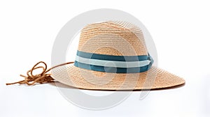 a straw hat with a blue ribbon, perfect for summer outings on white backdrop