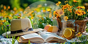 A straw hat, book, lemonade, fruits and flowers in surrounded green grass on meadow. Summer picnic in a field of flowers