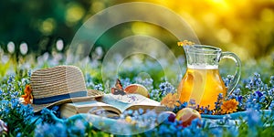 A straw hat, book, lemonade, fruits and flowers in surrounded green grass on meadow. Summer picnic in a field of flowers