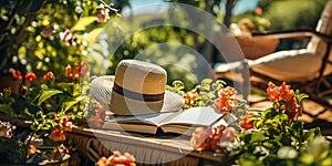 a straw hat with a book lying on a table in the garden