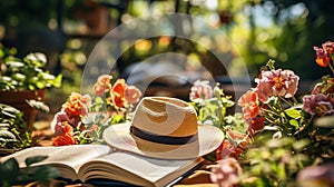 a straw hat on book at a table in the garden