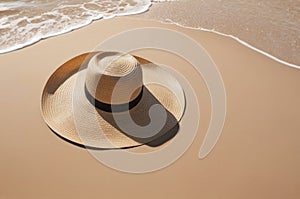 A straw hat casting a shadow of a swaying palm tree on its brim, nestled peacefully on the sun-kissed beach sand.