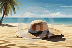 A straw hat casting a shadow of a swaying palm tree on its brim, nestled peacefully on the sun-kissed beach sand.
