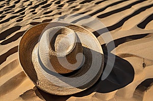 A straw hat casting a shadow of a swaying palm tree on its brim, nestled peacefully on the sun-kissed beach sand.