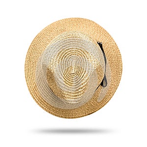 Straw hat isolated on white background. Panama hat style with black ribbon.  Clipping path