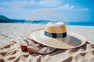 Straw hat lying on a beach. A concept of relaxing caribbean vacation near the ocean