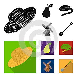 Straw hat, pear with leaf, watering hose, windmill. Farmer and gardening set collection icons in black, flat style