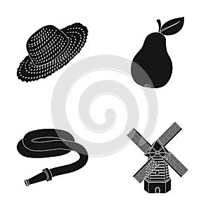 Straw hat, pear with leaf, watering hose, windmill. Farmer and gardening set collection icons in black style vector