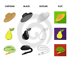 Straw hat, pear with leaf, watering hose, windmill. Farmer and gardening set collection icons in cartoon,black,outline