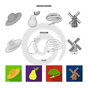 Straw hat, pear with leaf, watering hose, windmill. Farmer and gardening set collection icons in flat,outline,monochrome