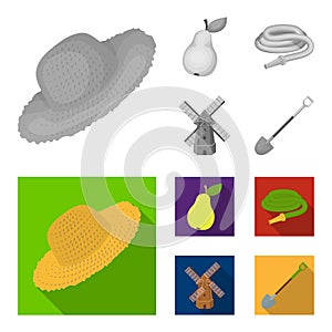 Straw hat, pear with leaf, watering hose, windmill. Farmer and gardening set collection icons in monochrome,flat style