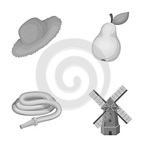 Straw hat, pear with leaf, watering hose, windmill. Farmer and gardening set collection icons in monochrome style vector