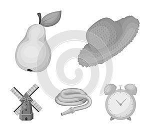 Straw hat, pear with leaf, watering hose, windmill. Farmer and gardening set collection icons in monochrome style vector