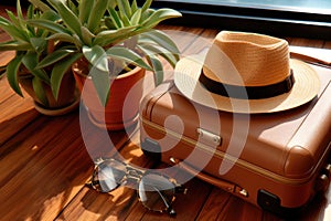 Straw hat rests on the suitcase and sunglasses on the table. Travel and holiday concept