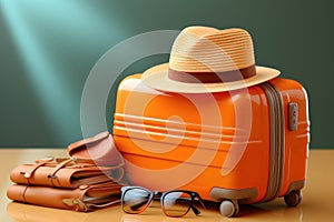 Straw hat rests on the suitcase and sunglasses on the table. Travel and holiday concept