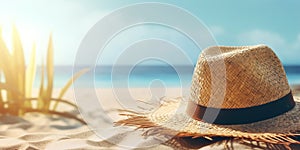 Straw hat on the sand on sea coast near water. Beach vacation concept background. Created with generative Ai