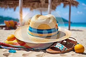 Straw hat and sandls lying on a beach. A concept of relaxing Caribbean vacation near the ocean