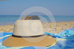 Straw hat and sea urchin on a towel and sand near the shore on a beach in summer