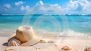 Straw Hat and Seashells on a Sunny Beach