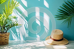 A straw hat sitting on top of a table next to a plant
