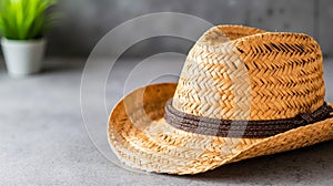 A straw hat sitting on top of a table next to a plant