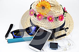 Straw hat, smathphone, sun glass and ipod