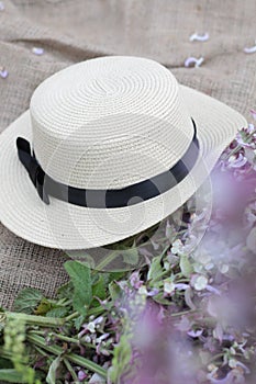 Straw hat, summer vacation background photo