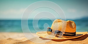 Straw hat and sunglasses on the beach with sea and sky background. Banner 2:1