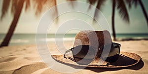 Straw hat with sunglasses on beautiful tropical sandy beach with palm tree