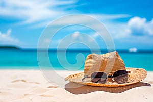 Straw hat and sunglasses lying on a beach. A concept of relaxing Caribbean vacation near the ocean