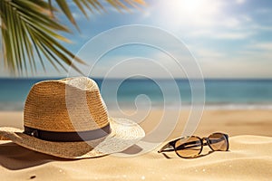 A straw hat and sunglasses on a sandy beach under a palm tree, a summer vacation concept,