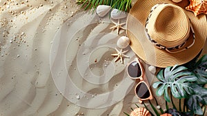 Straw hat, sunglasses, seashells on blue distressed wood background, Generative AI