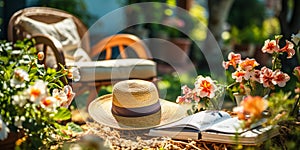 a straw hat on a table in the garden