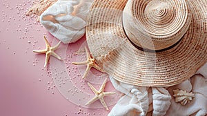 A straw hat, white balnket and seastars on pastel pink background.