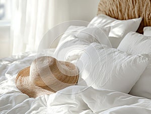 Straw Hat On White Bedding In Bedroom Setting