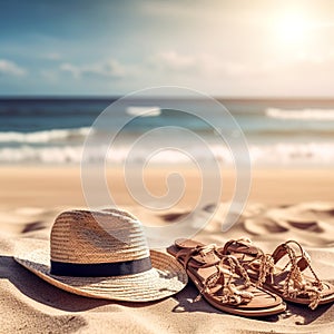 Straw hat and women sandals on the sand. Beach vacation concept background. Created with generative Ai