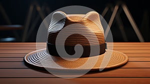 Straw Hat On Wooden Table: A Texture-rich, Cinema4d Rendered Image