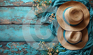 Straw Hats on Blue Wooden Background.