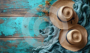 Straw Hats on Blue Wooden Background.