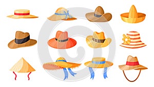 Straw hats. Cartoon farmer and gardener summer headwear, man and woman travel accessory. Vector sun cap set