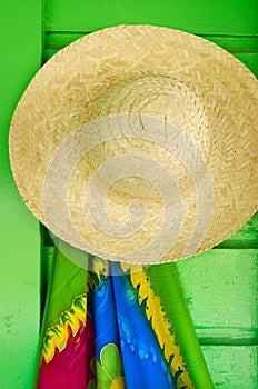 Straw hats for sale in a tropical souvenir shop