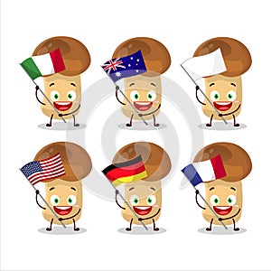 Straw mushroom cartoon character bring the flags of various countries