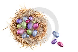 Straw nest with chocolate Easter eggs