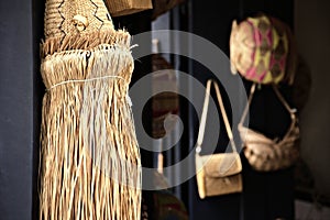 Straw purses and objects on display