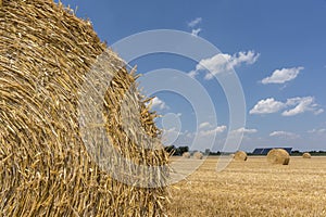 Straw roll bales detail with crop field, photovoltaic panel and blue sky in background