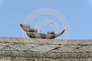 Straw ship on straw roof at Porlock, Somerset