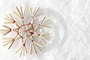 Straw Snowflake on White Snow, Christmas Strawy Snow Flake